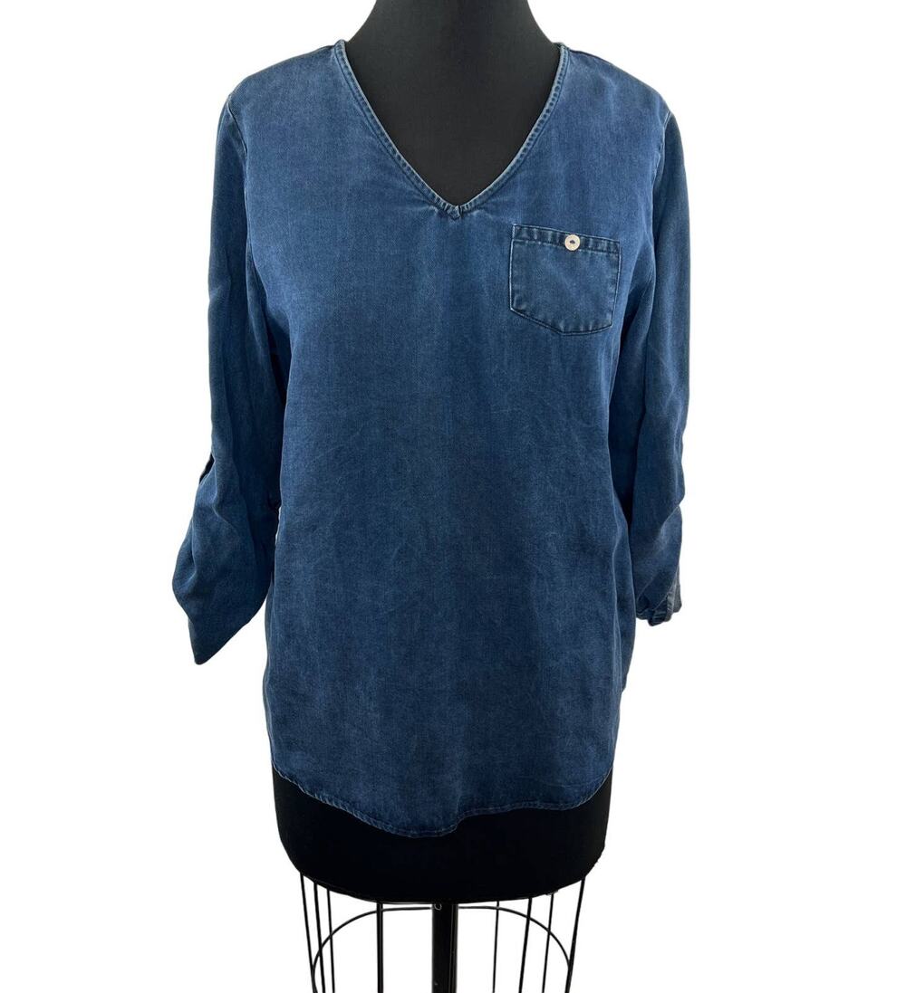 Soft Surroundings Blue Denim XS Tunic Top V-Neck Roll-Tab 3/4 Sleeve Regular Fit